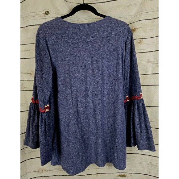 Avani Del Armour Embroidered Knit Top L Blue Slub 100% Cotton Bell Sleeve - Picture 4 of 6